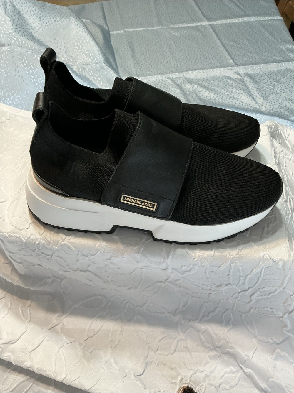 Michael Kors Black Knit Slip-On Sneakers with White Platform Accents
